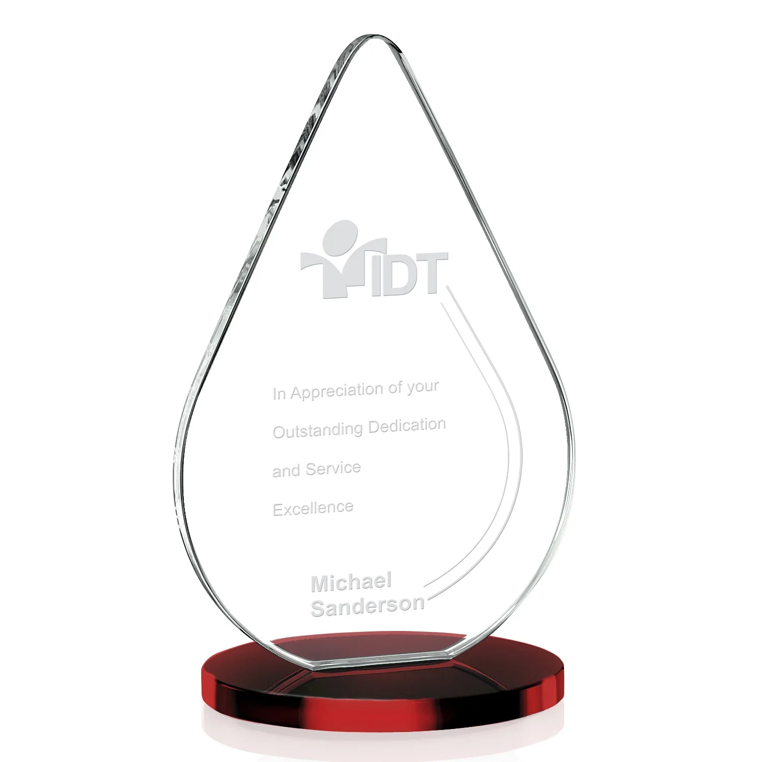 Personalized Starfire Crystal Droplet Award on Rosewood-Toned Round Base for graduation ceremonies