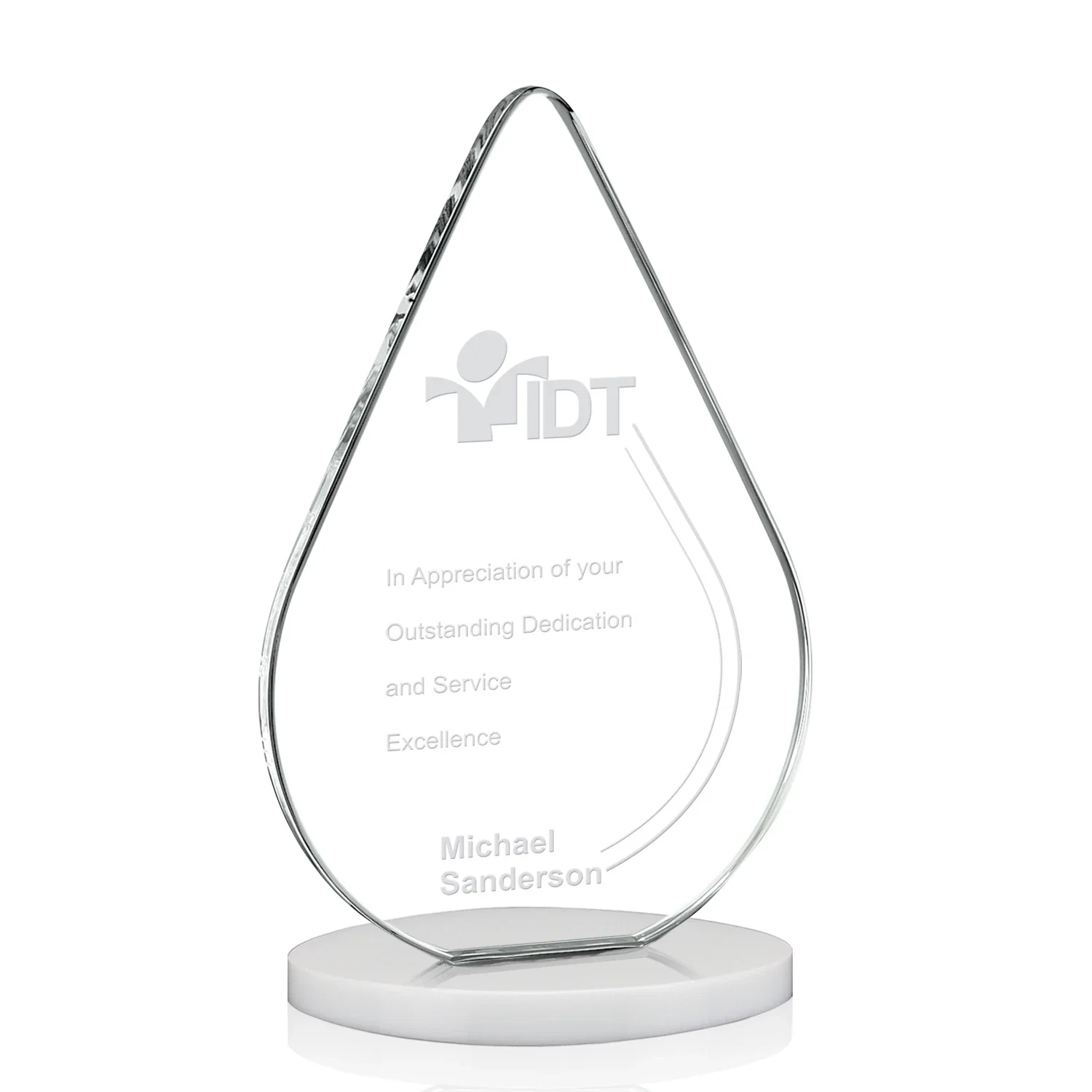 Personalized Starfire Crystal Droplet Award on Rosewood-Toned Round Base for volunteer appreciation