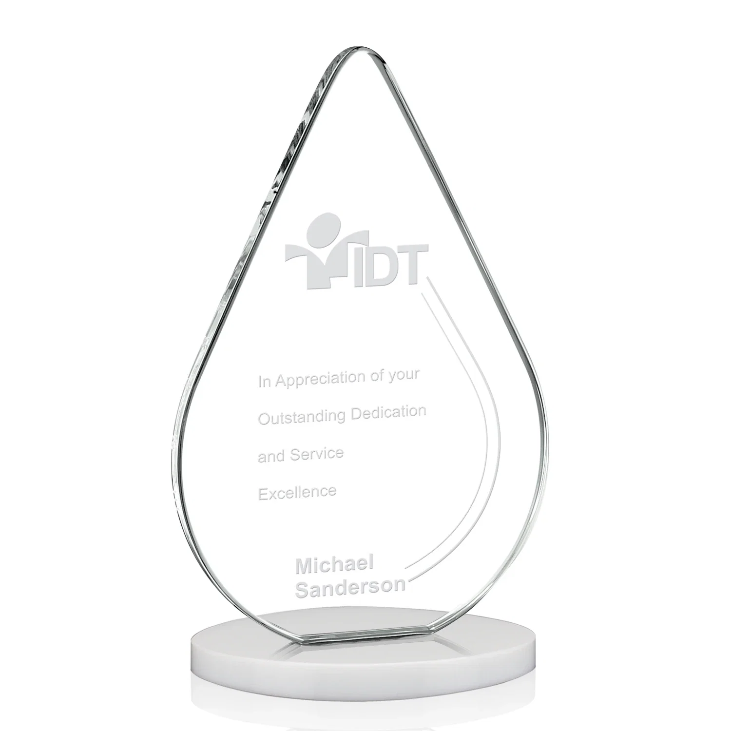 Personalized Starfire Crystal Droplet Award on Rosewood-Toned Round Base for dealer and partner awards