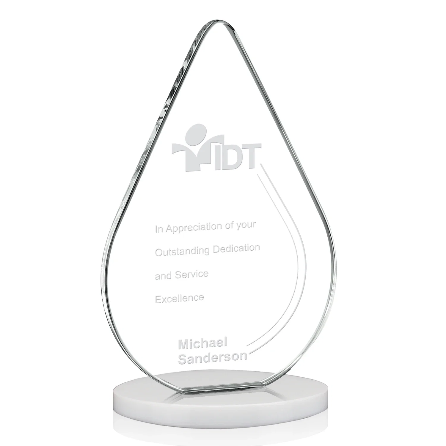 Personalized Starfire Crystal Droplet Award on Rosewood-Toned Round Base for company anniversary events