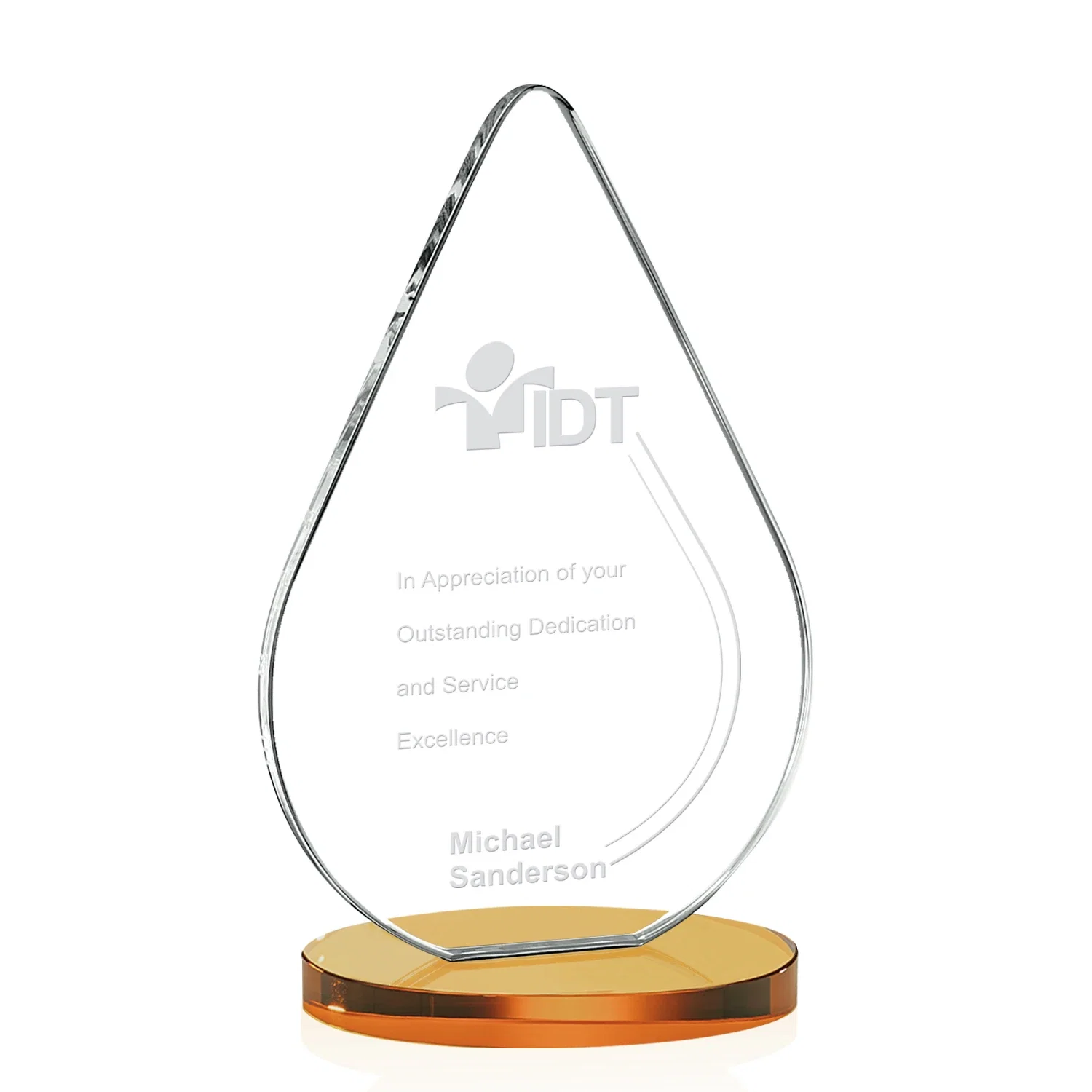 Promotional Starfire Crystal Droplet Award on Rosewood-Toned Round Base for corporate award ceremonies