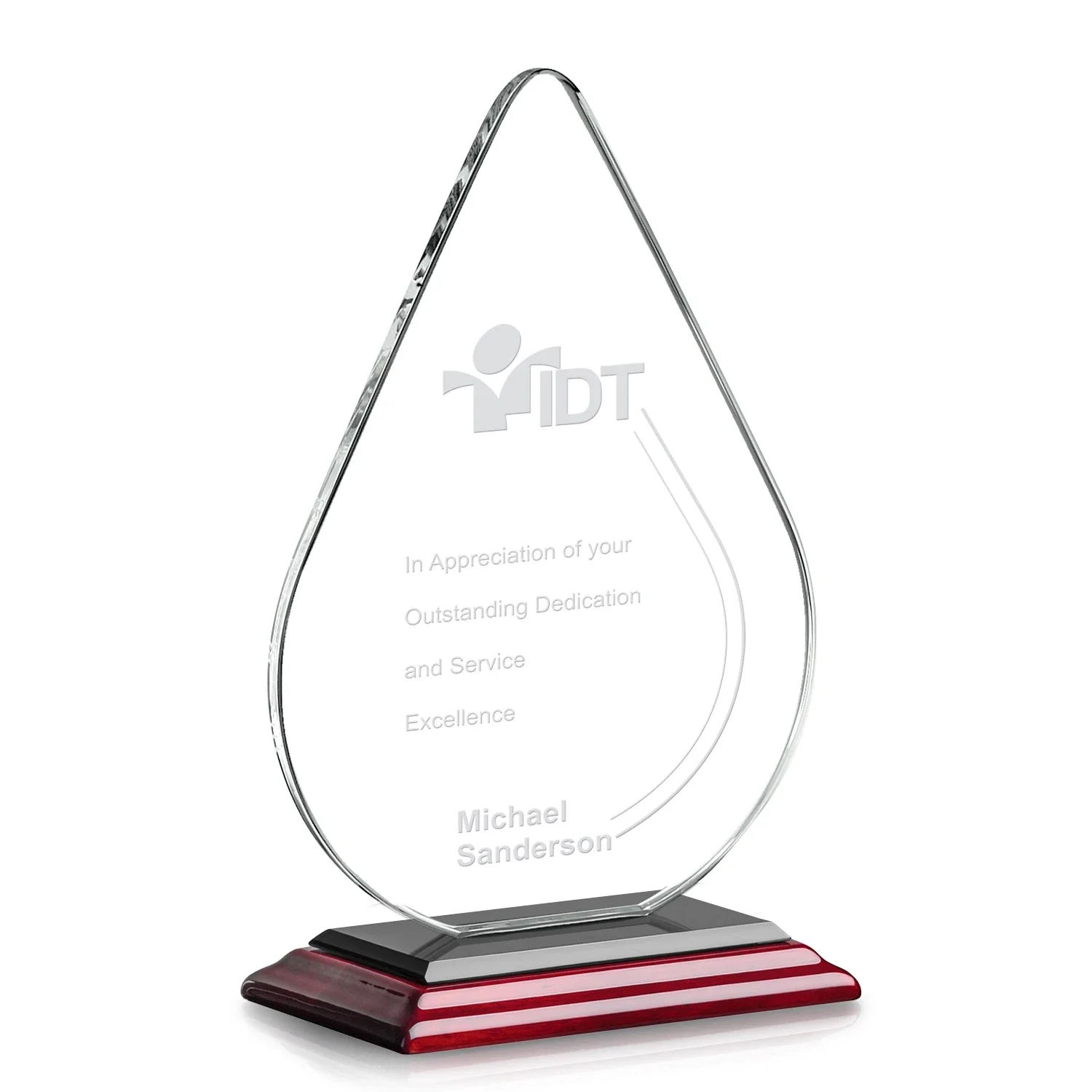 Promotional Starfire Crystal Droplet Award on Rosewood-Toned Round Base for dealer and partner awards