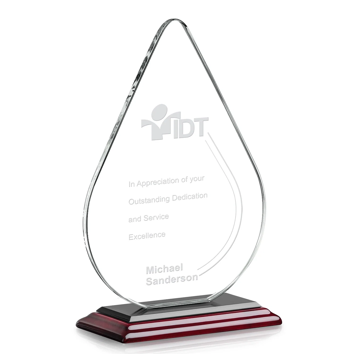 Promotional Starfire Crystal Droplet Award on Rosewood-Toned Round Base for company anniversary events