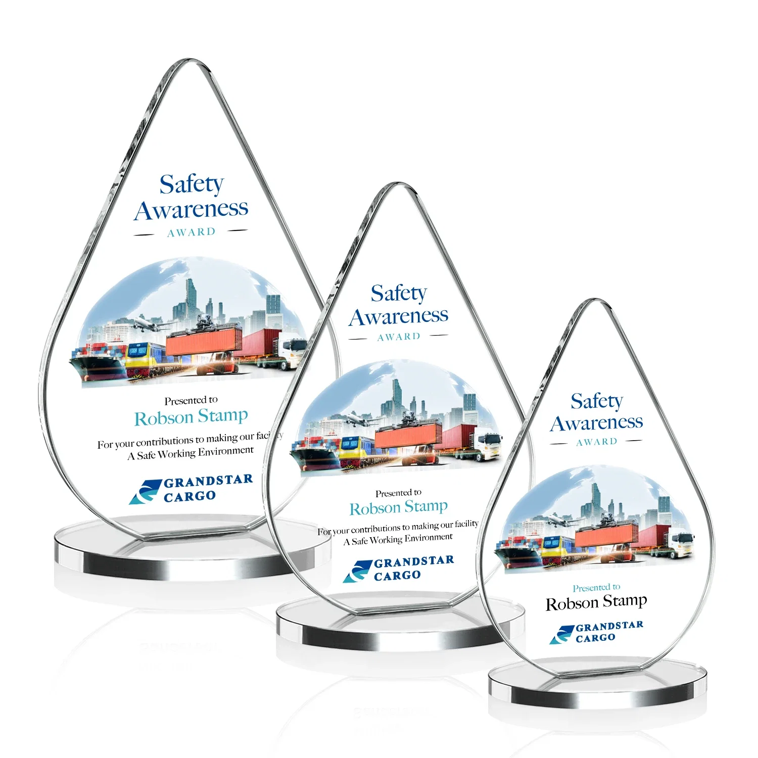 Branded Starfire Crystal Droplet Award on Rosewood-Toned Round Base for employee recognition