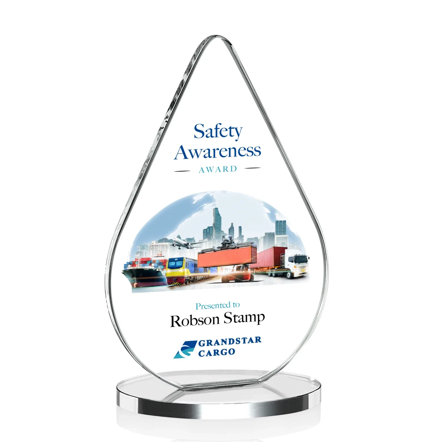 Branded Starfire Crystal Droplet Award on Rosewood-Toned Round Base for corporate award ceremonies