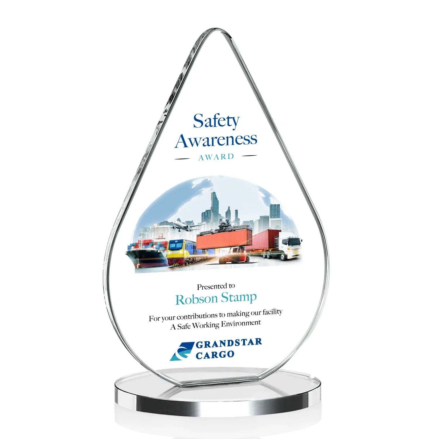 Branded Starfire Crystal Droplet Award on Rosewood-Toned Round Base for service anniversary gifts