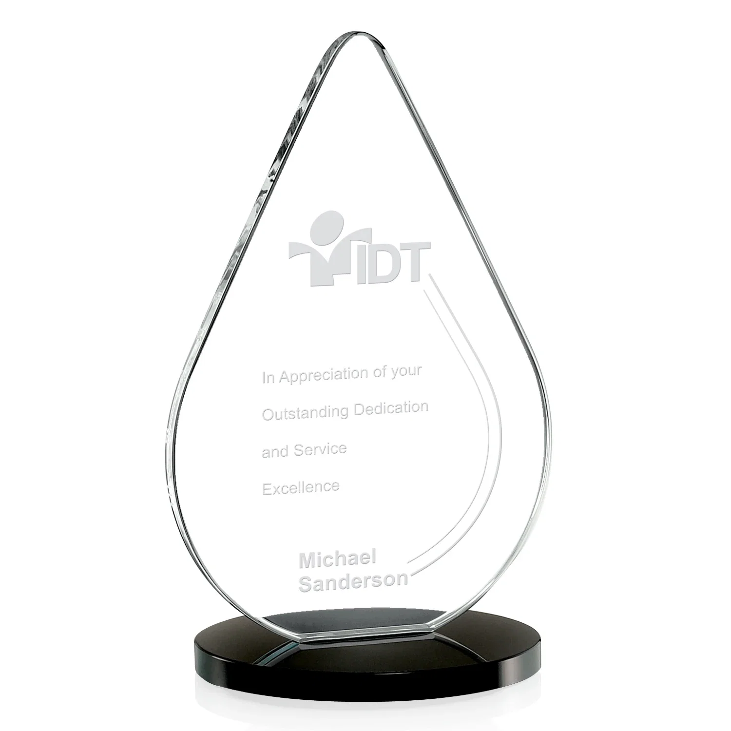 Custom Starfire Crystal Droplet Award on Rosewood-Toned Round Base for sales achievement awards