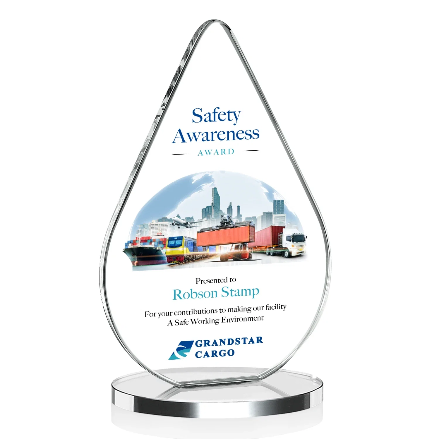 Branded Starfire Crystal Droplet Award on Rosewood-Toned Round Base for sales achievement awards
