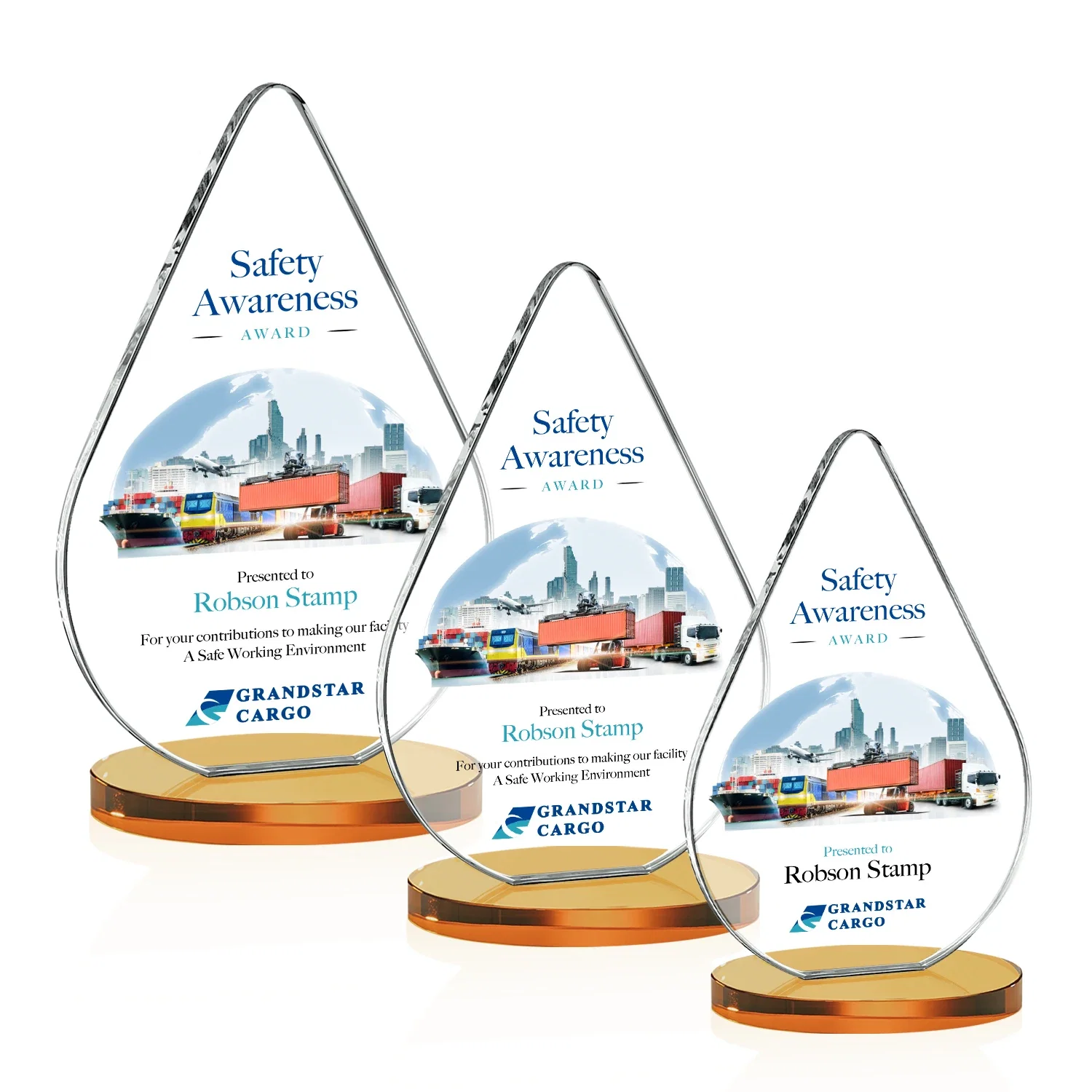 Branded Starfire Crystal Droplet Award on Rosewood-Toned Round Base for retirement presentations