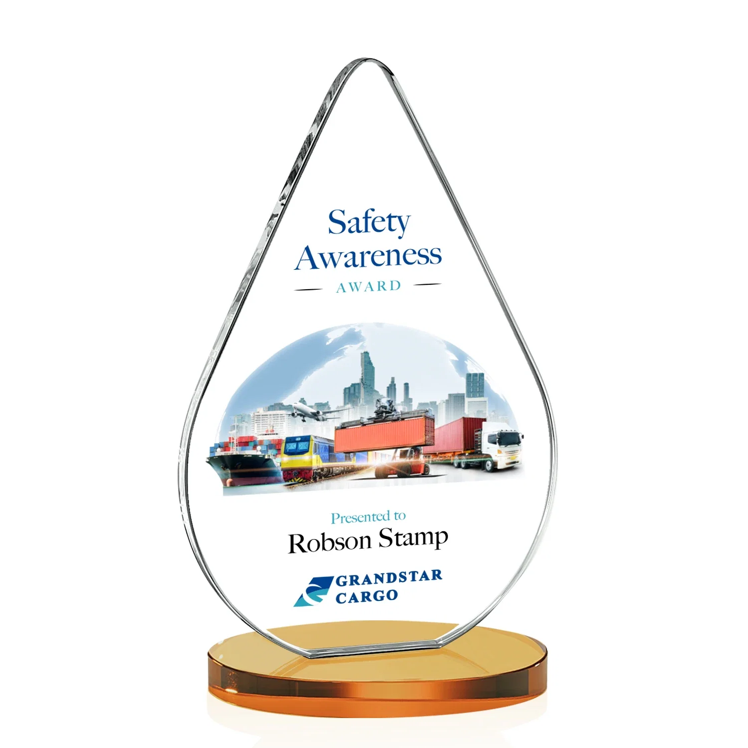Branded Starfire Crystal Droplet Award on Rosewood-Toned Round Base for team milestone celebrations