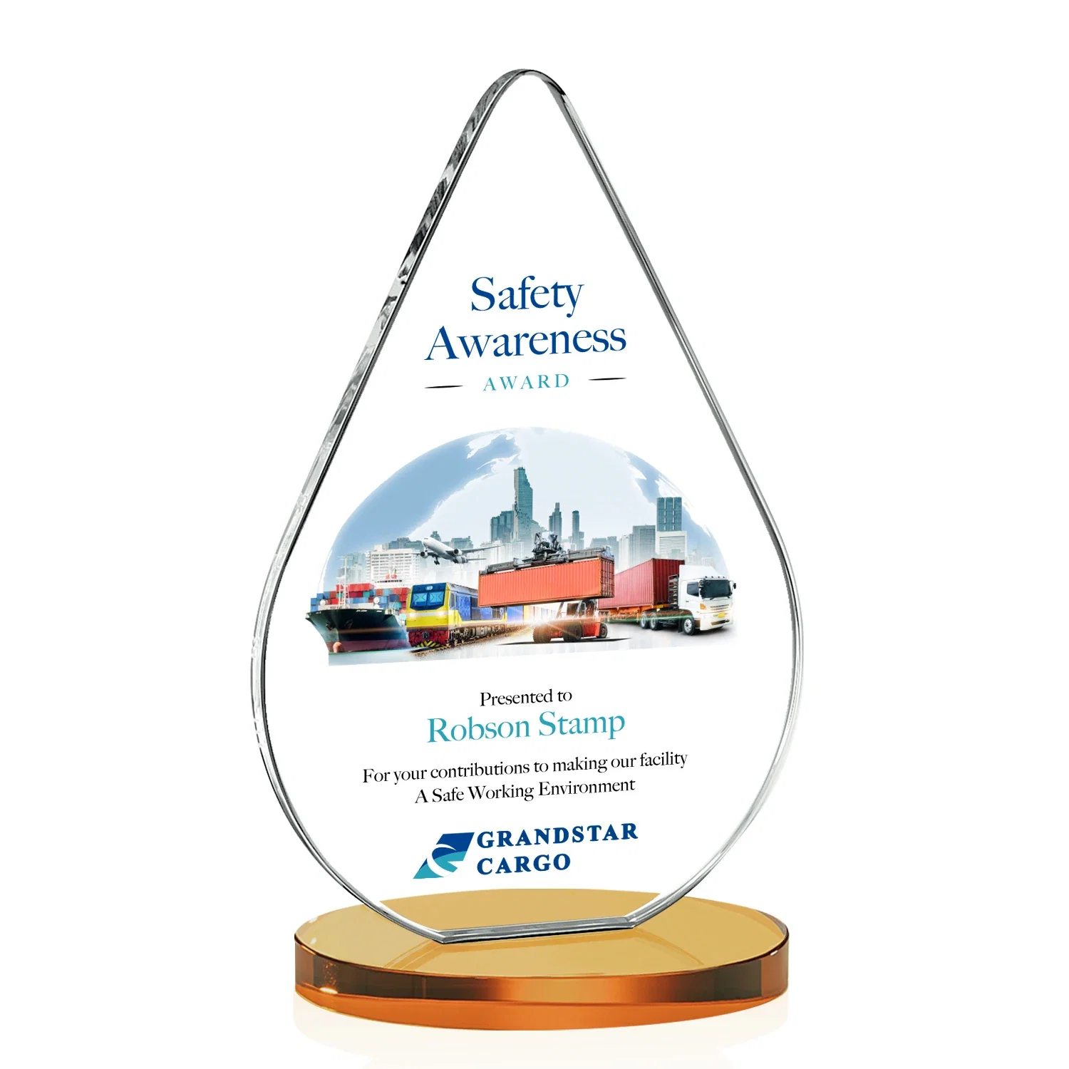 Branded Starfire Crystal Droplet Award on Rosewood-Toned Round Base for donor appreciation
