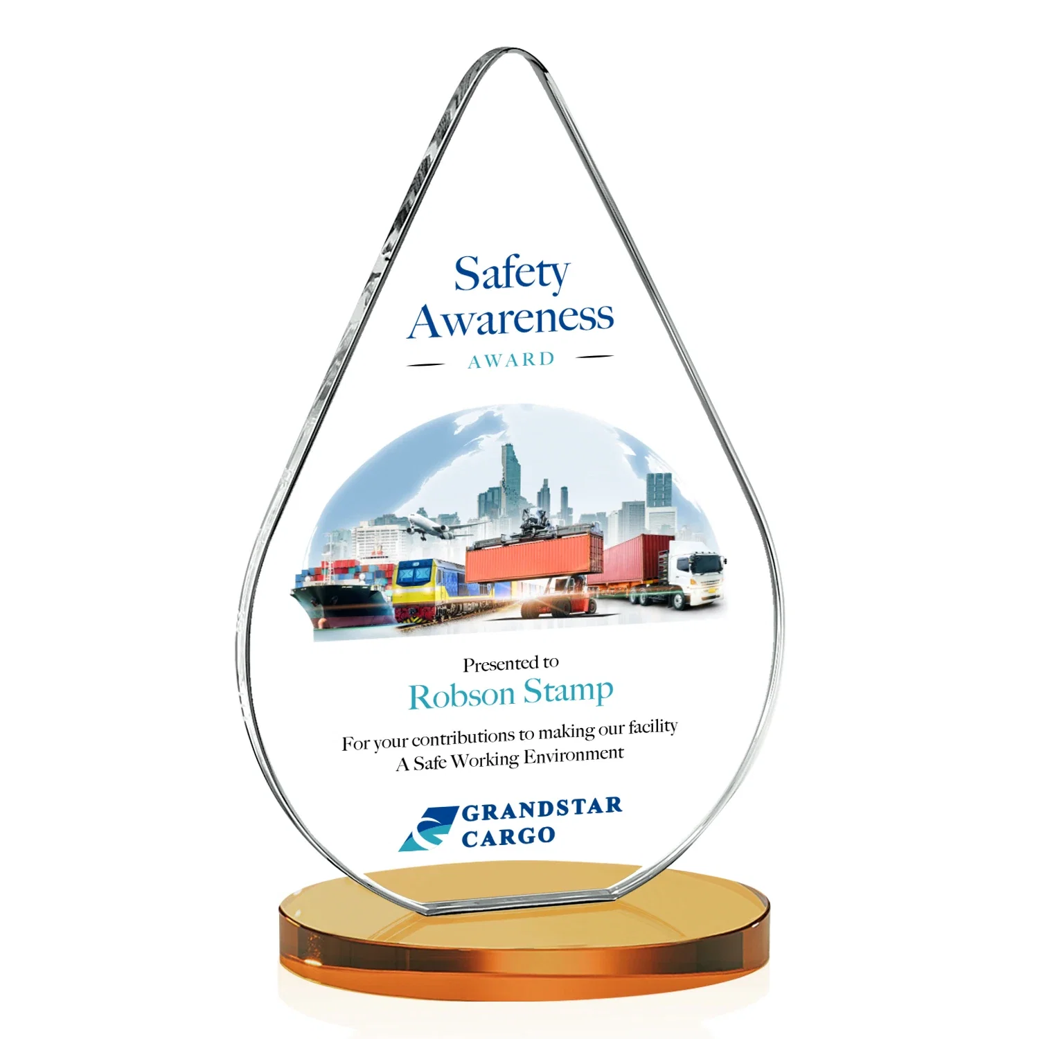 Branded Starfire Crystal Droplet Award on Rosewood-Toned Round Base for graduation ceremonies