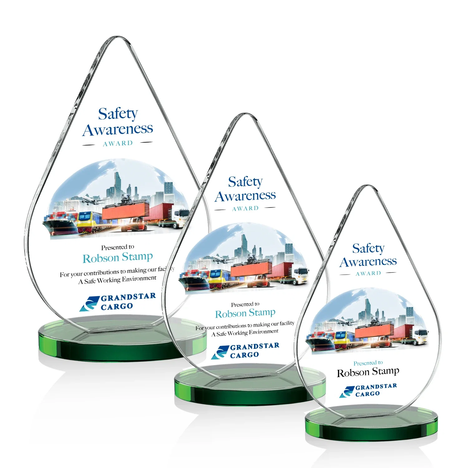 Branded Starfire Crystal Droplet Award on Rosewood-Toned Round Base for safety achievement programs
