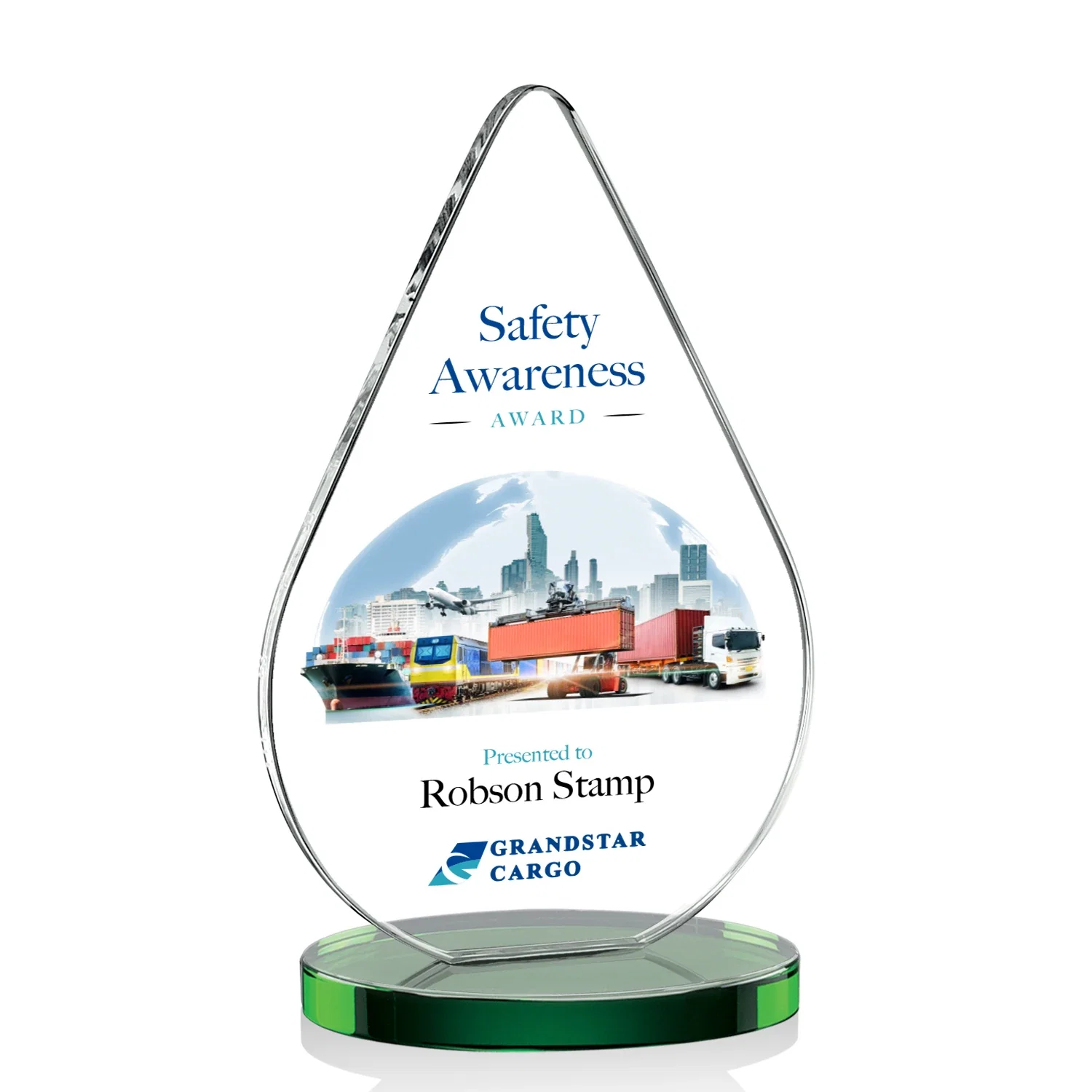 Branded Starfire Crystal Droplet Award on Rosewood-Toned Round Base for volunteer appreciation