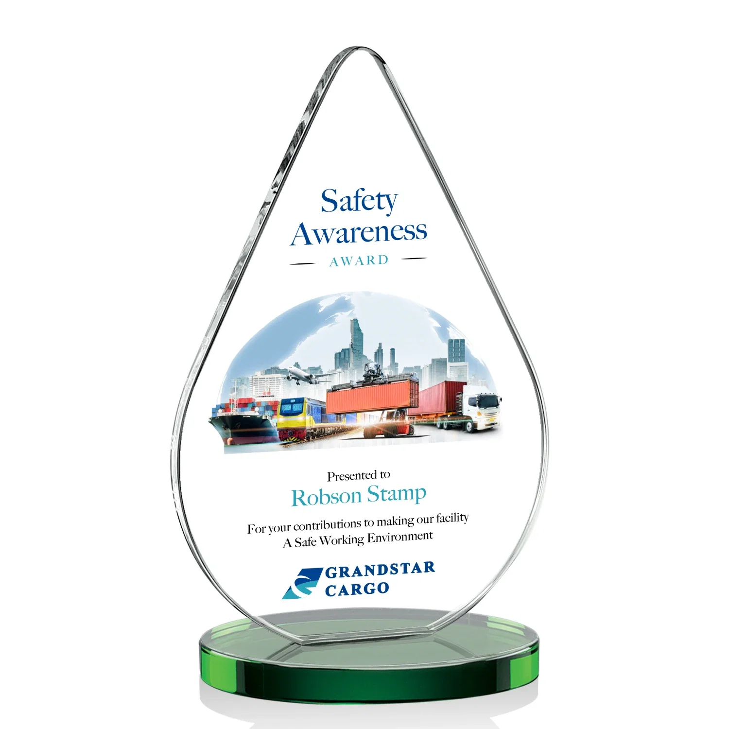 Branded Starfire Crystal Droplet Award on Rosewood-Toned Round Base for dealer and partner awards