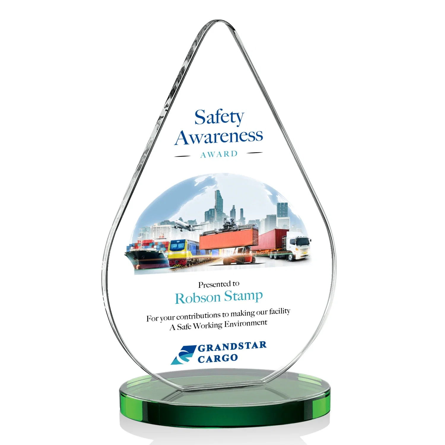 Branded Starfire Crystal Droplet Award on Rosewood-Toned Round Base for company anniversary events