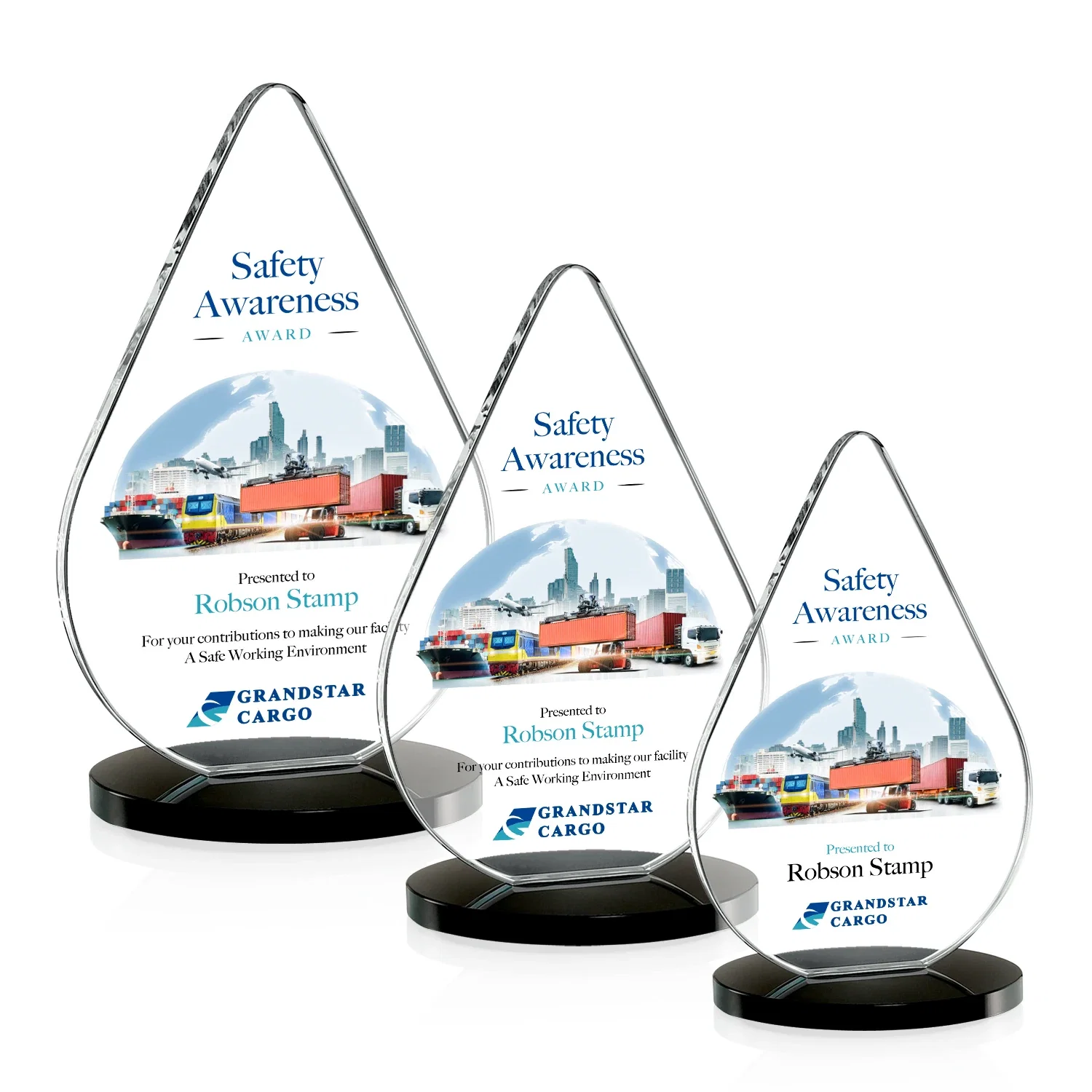 Custom printed Starfire Crystal Droplet Award on Rosewood-Toned Round Base for employee recognition