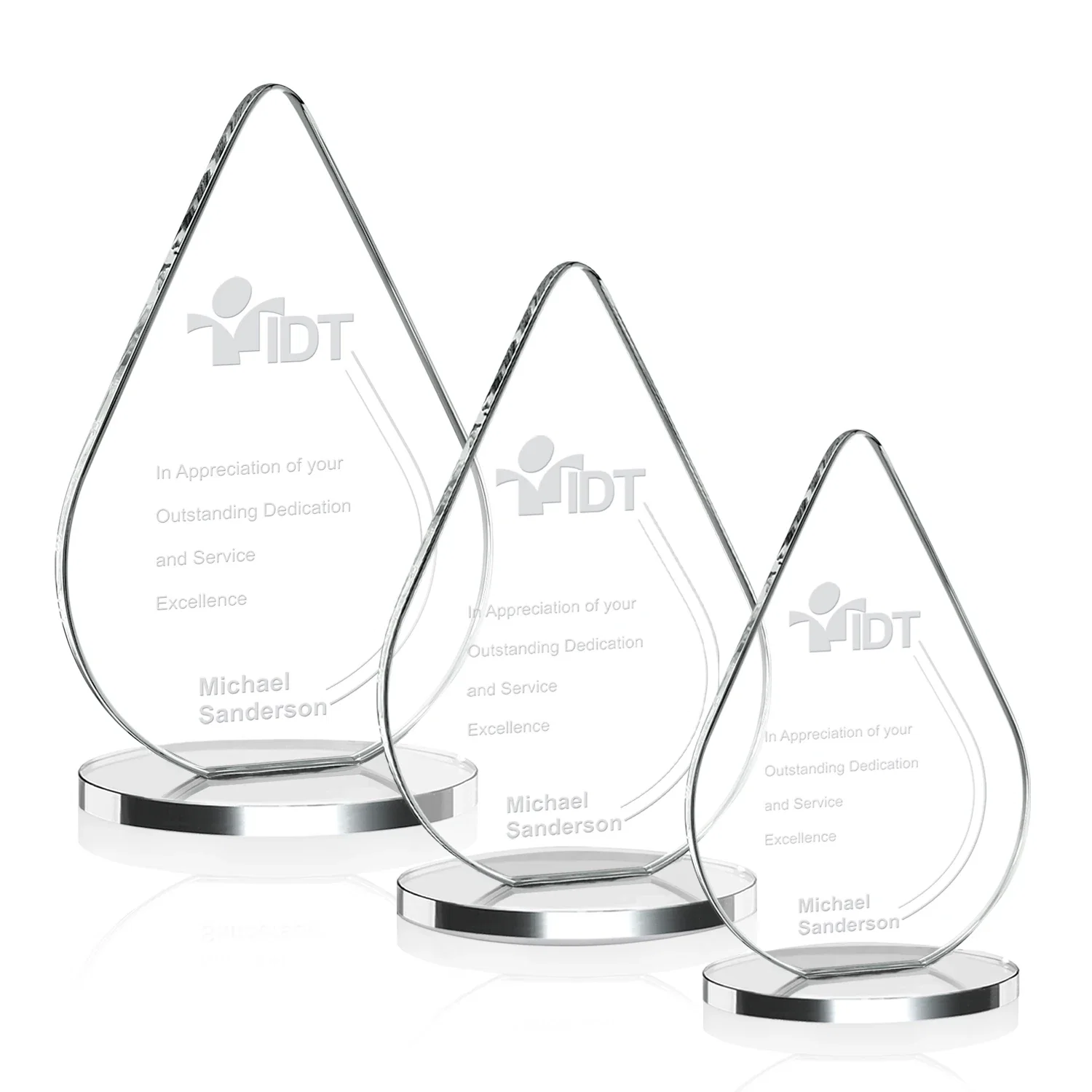 Custom Starfire Crystal Droplet Award on Rosewood-Toned Round Base for retirement presentations