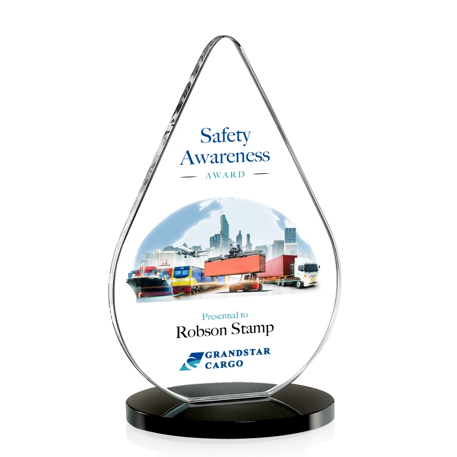 Custom printed Starfire Crystal Droplet Award on Rosewood-Toned Round Base for corporate award ceremonies