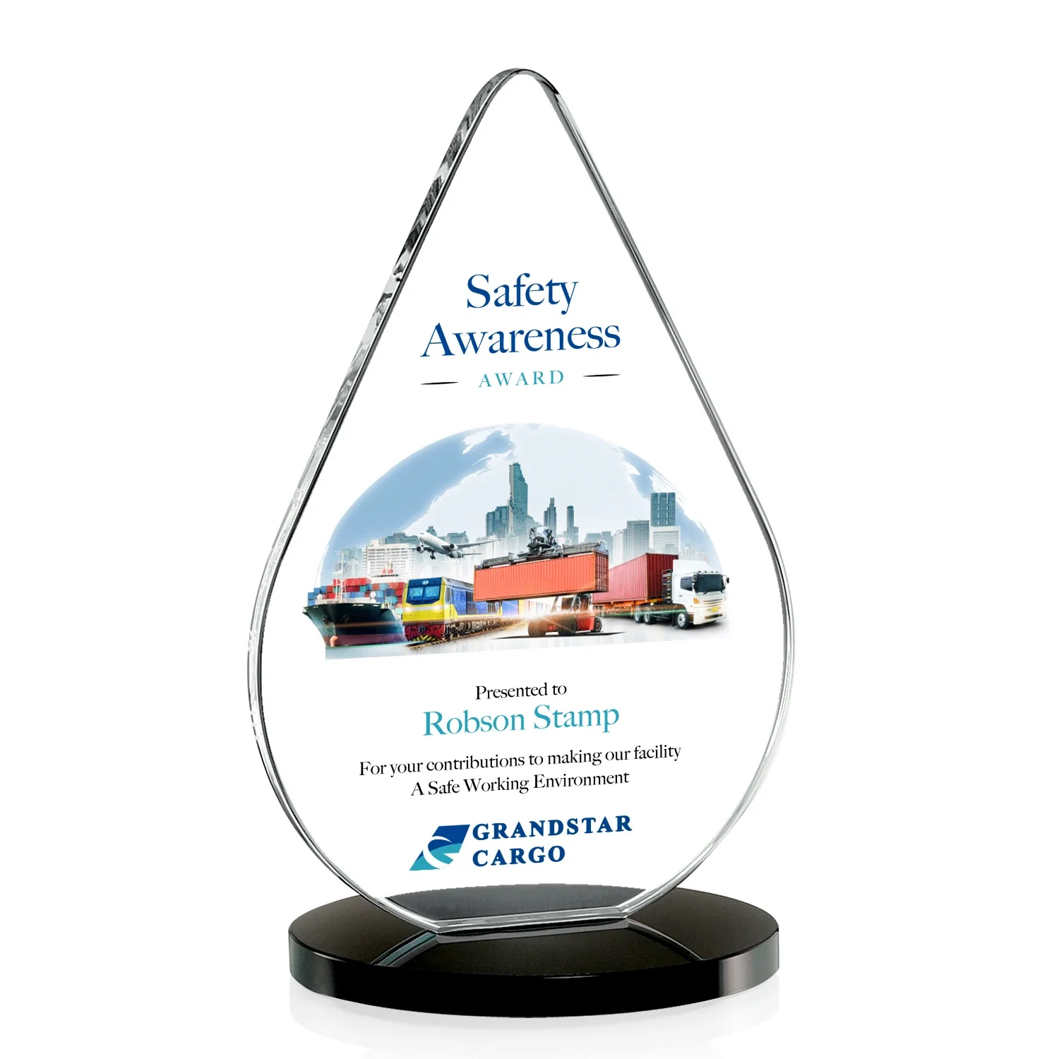 Custom printed Starfire Crystal Droplet Award on Rosewood-Toned Round Base for service anniversary gifts