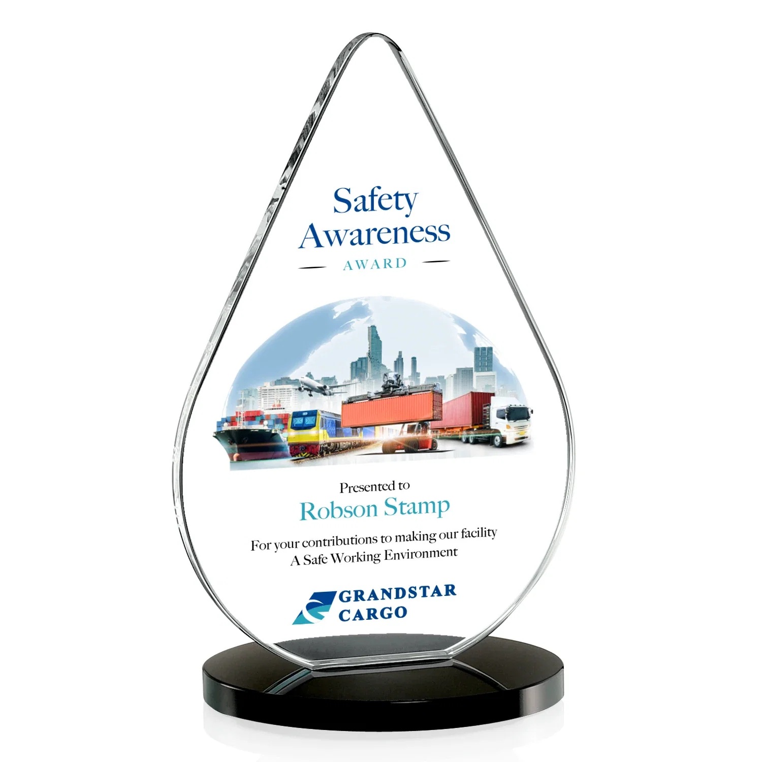 Custom printed Starfire Crystal Droplet Award on Rosewood-Toned Round Base for sales achievement awards
