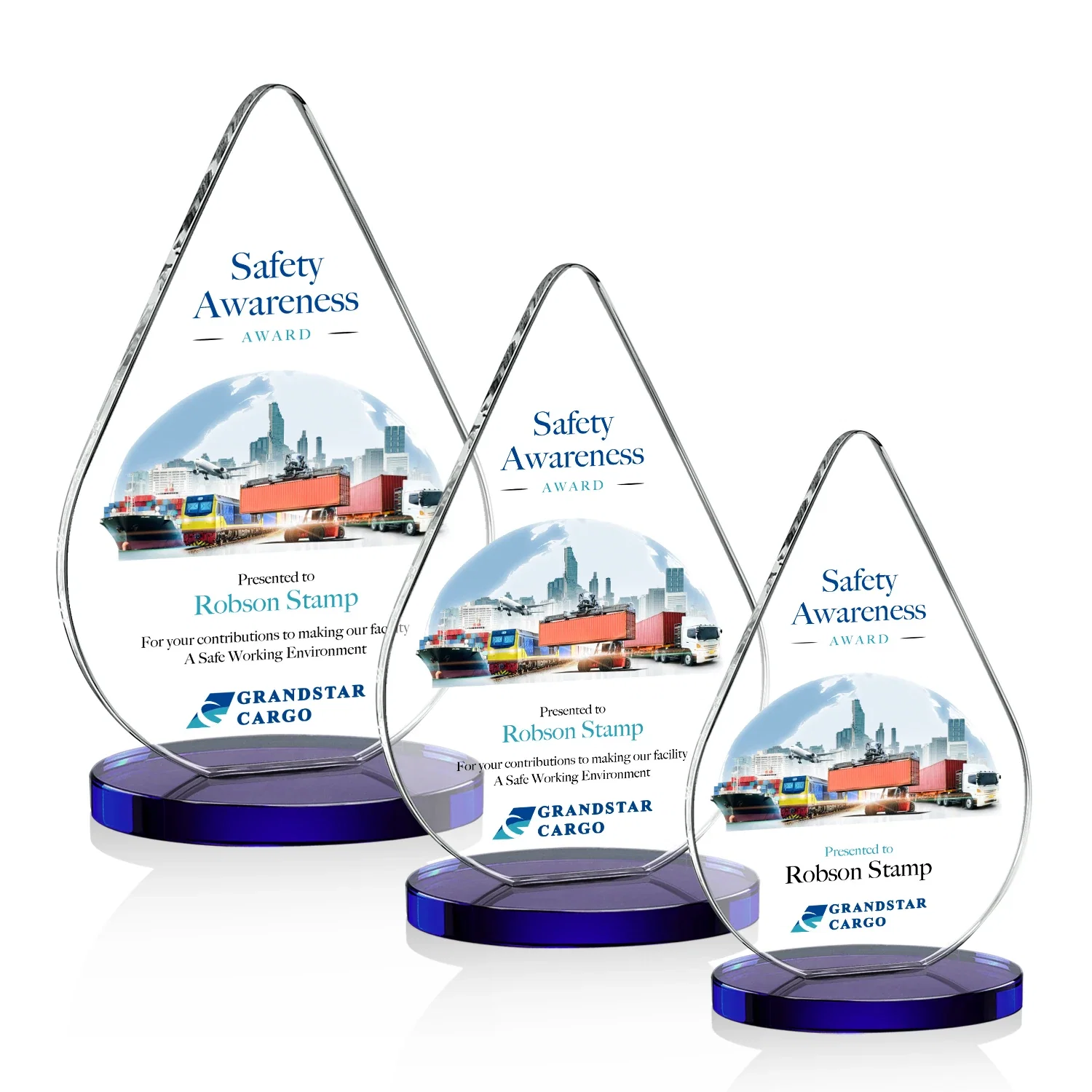 Custom printed Starfire Crystal Droplet Award on Rosewood-Toned Round Base for retirement presentations