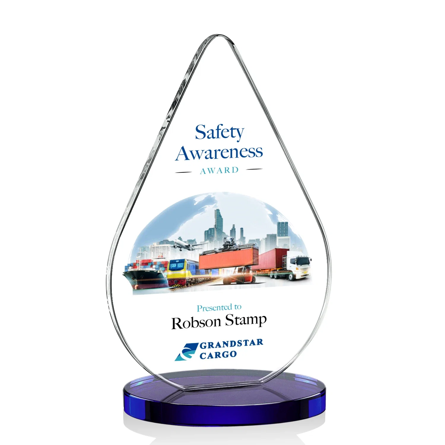 Custom printed Starfire Crystal Droplet Award on Rosewood-Toned Round Base for team milestone celebrations