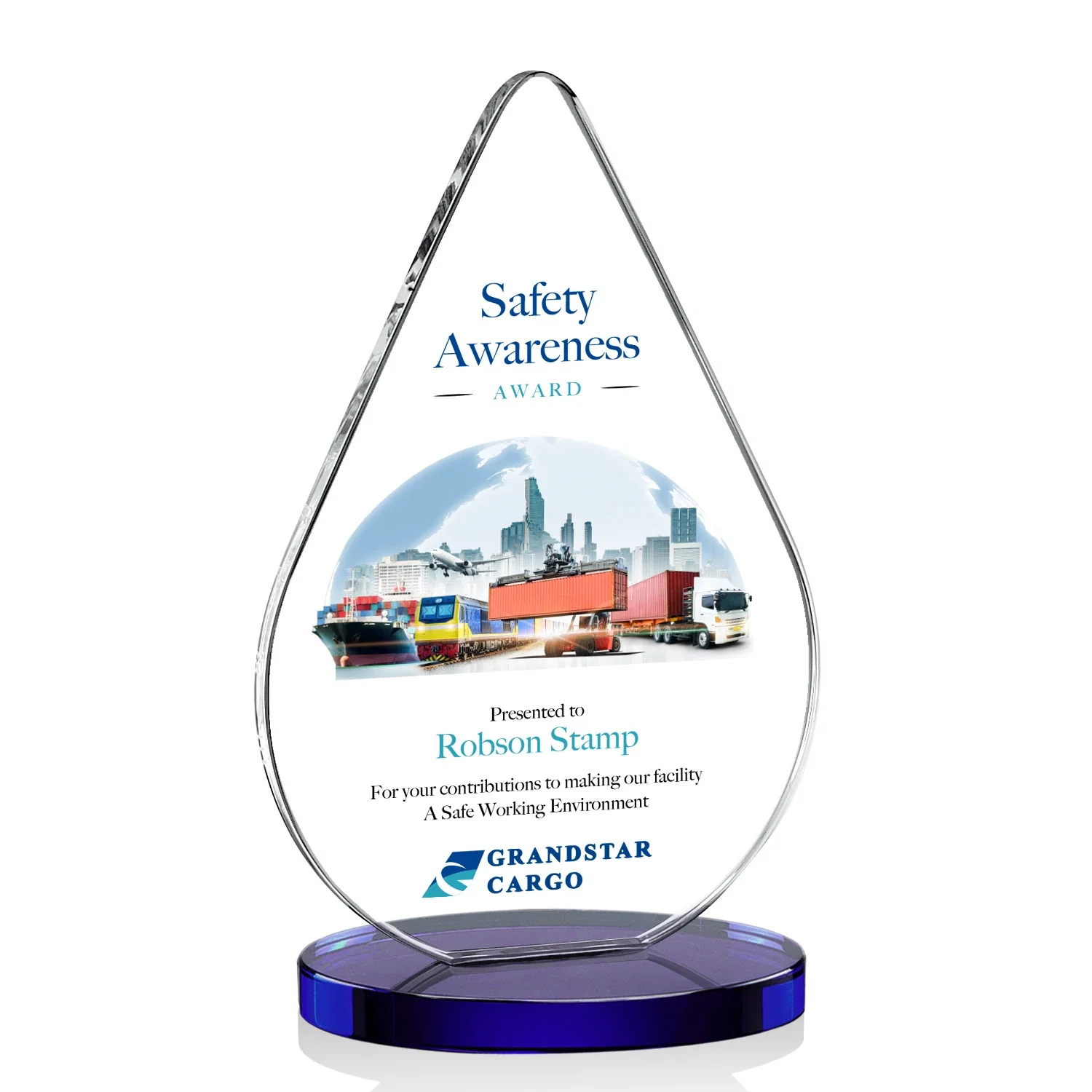 Custom printed Starfire Crystal Droplet Award on Rosewood-Toned Round Base for donor appreciation