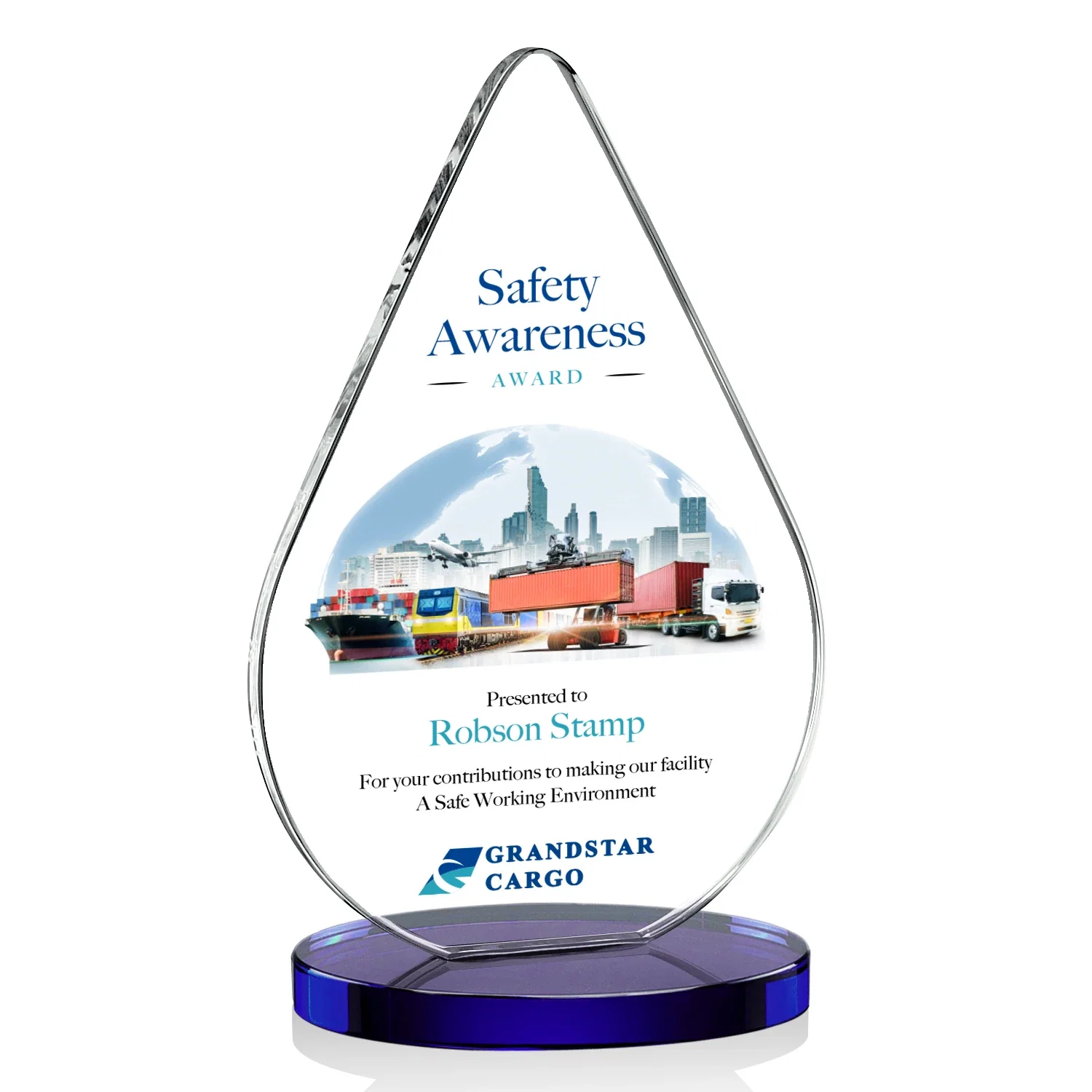 Custom printed Starfire Crystal Droplet Award on Rosewood-Toned Round Base for graduation ceremonies