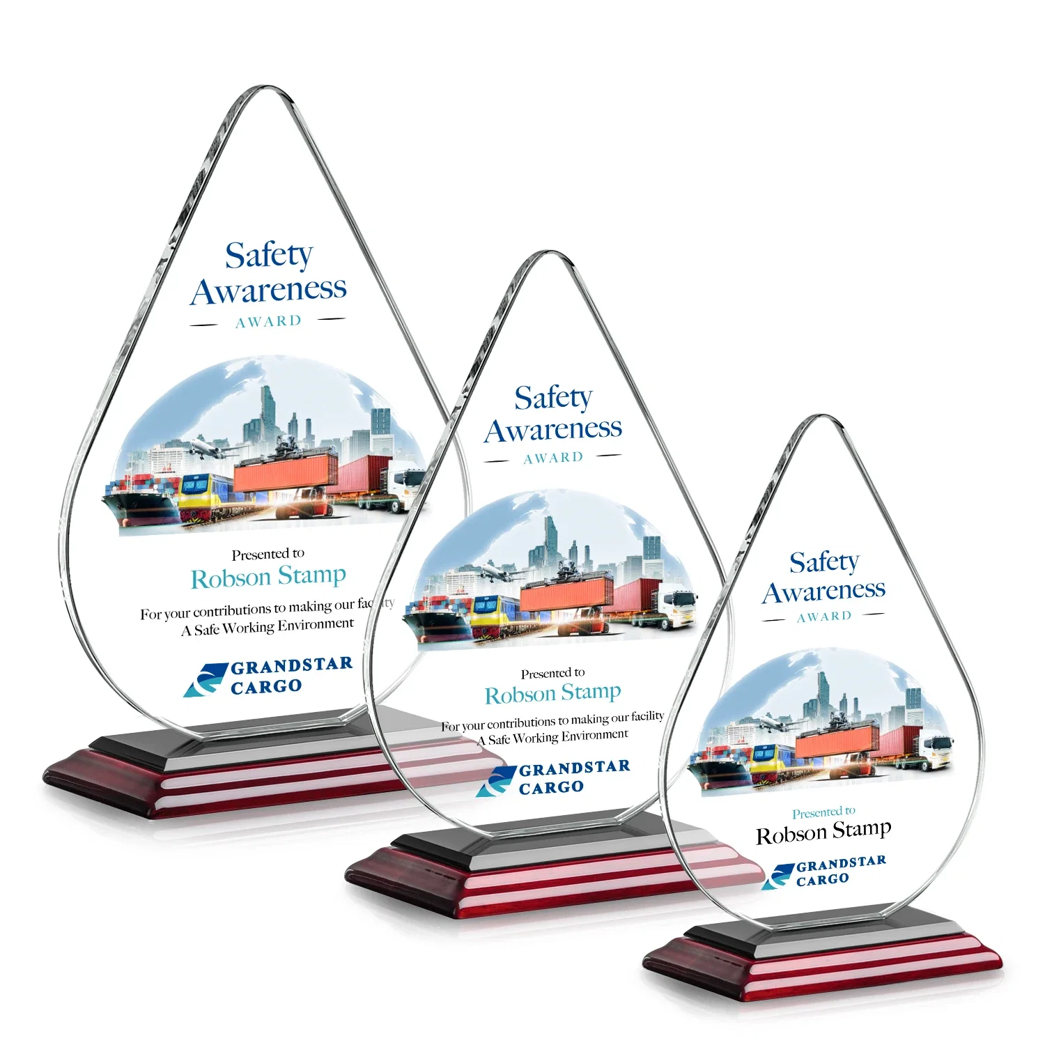 Custom printed Starfire Crystal Droplet Award on Rosewood-Toned Round Base for safety achievement programs