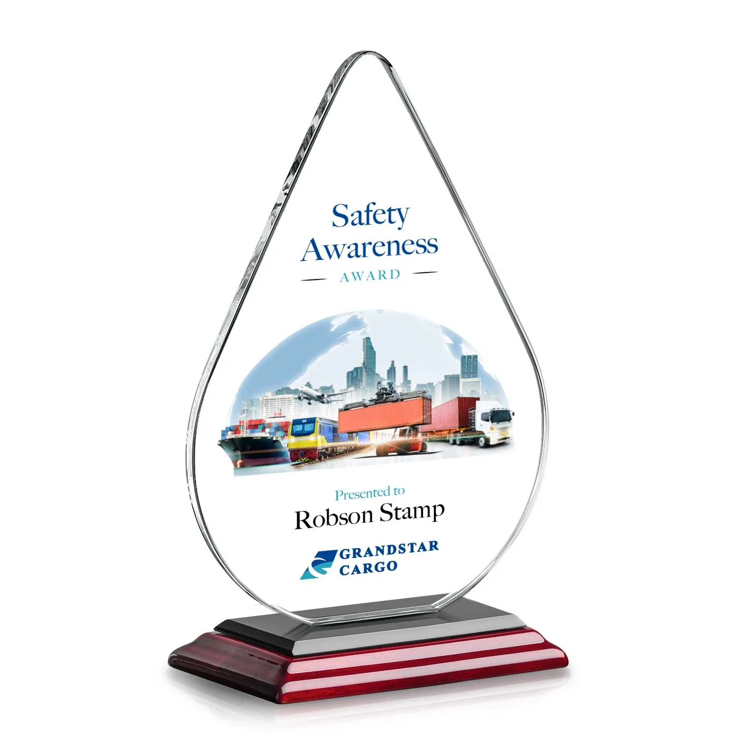 Custom printed Starfire Crystal Droplet Award on Rosewood-Toned Round Base for volunteer appreciation