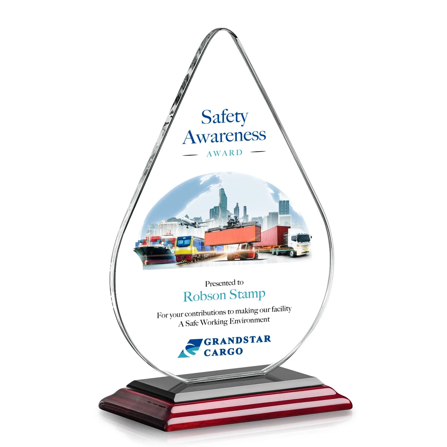 Custom printed Starfire Crystal Droplet Award on Rosewood-Toned Round Base for dealer and partner awards