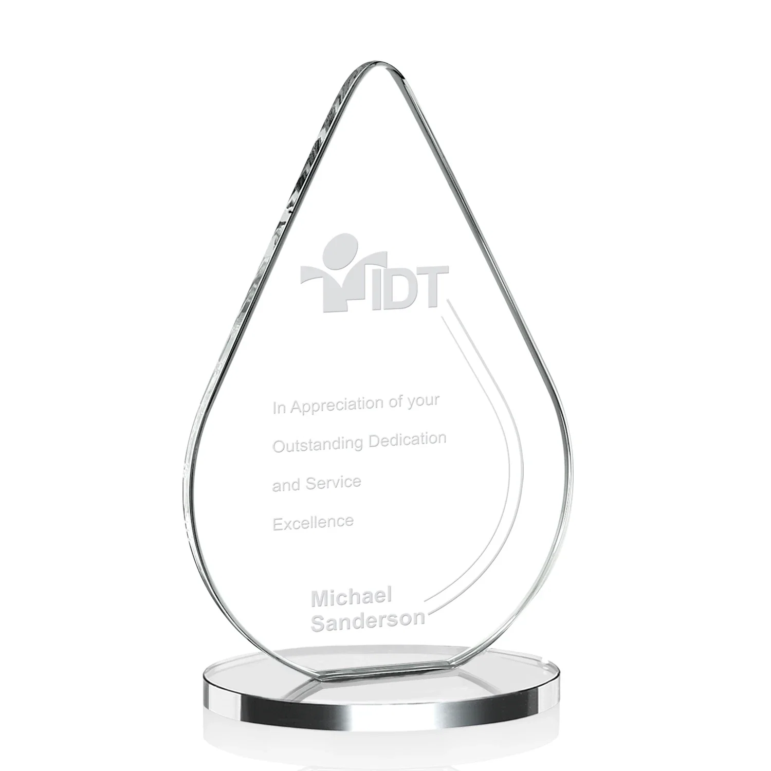 Custom Starfire Crystal Droplet Award on Rosewood-Toned Round Base for team milestone celebrations