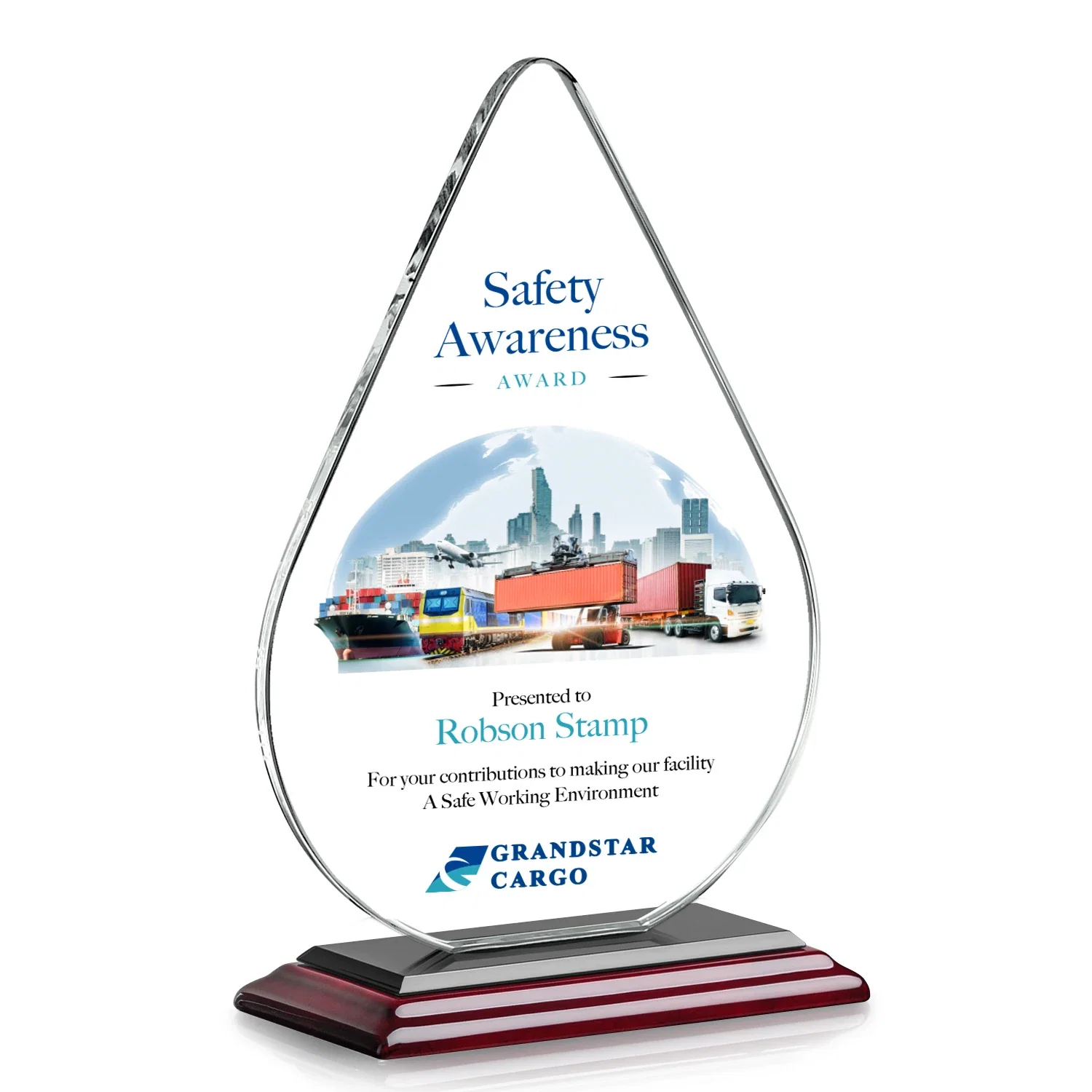 Custom printed Starfire Crystal Droplet Award on Rosewood-Toned Round Base for company anniversary events