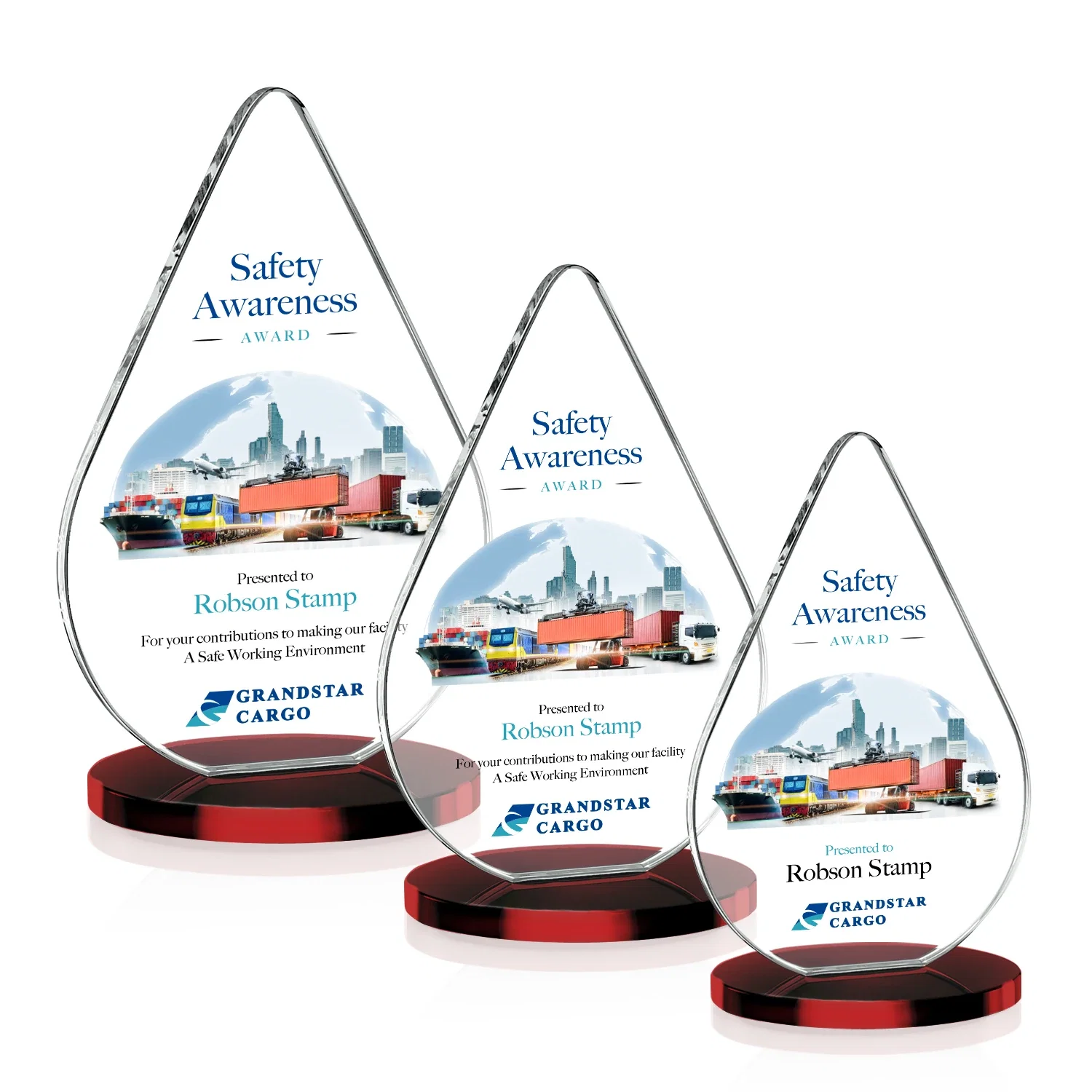 Customized Starfire Crystal Droplet Award on Rosewood-Toned Round Base for employee recognition