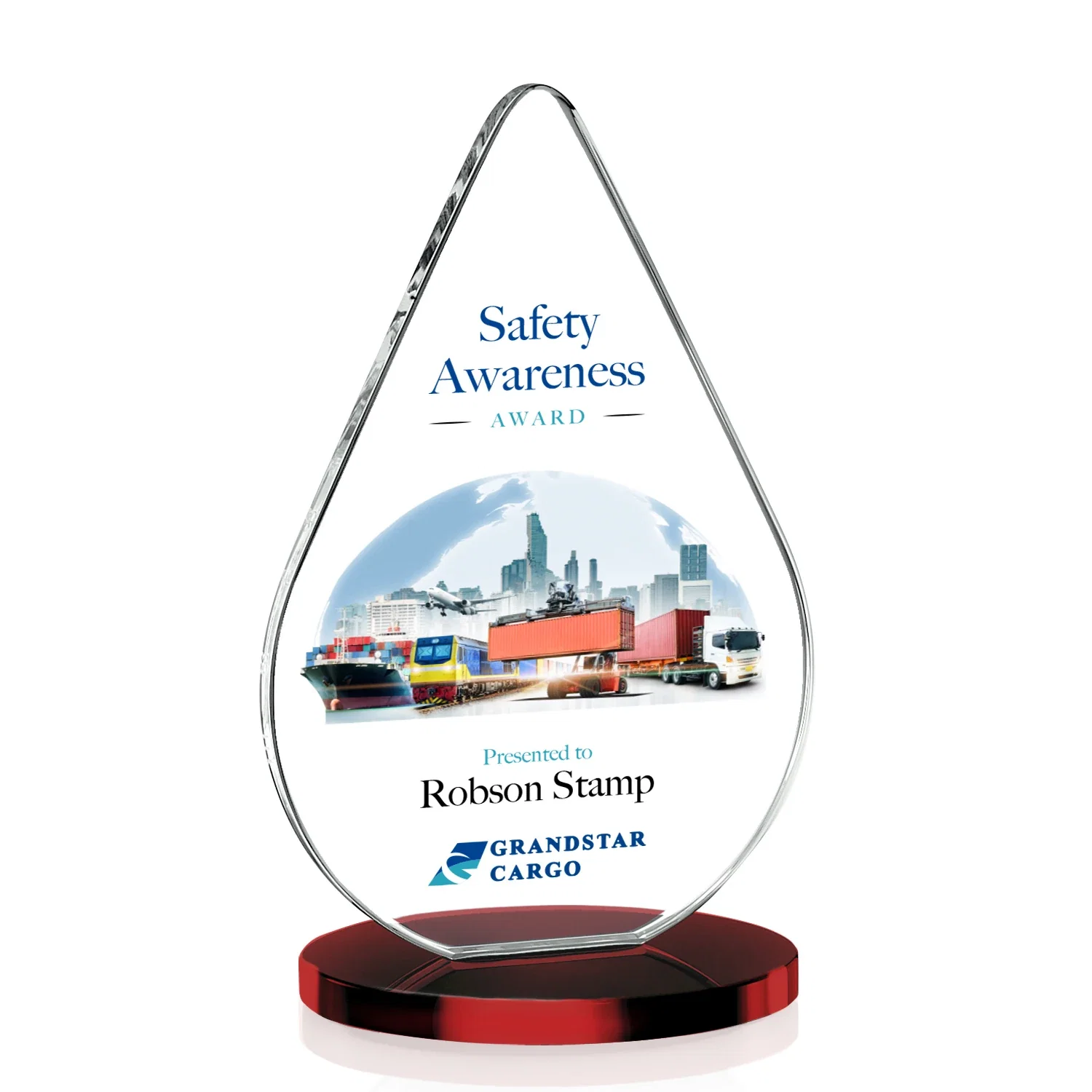 Customized Starfire Crystal Droplet Award on Rosewood-Toned Round Base for corporate award ceremonies