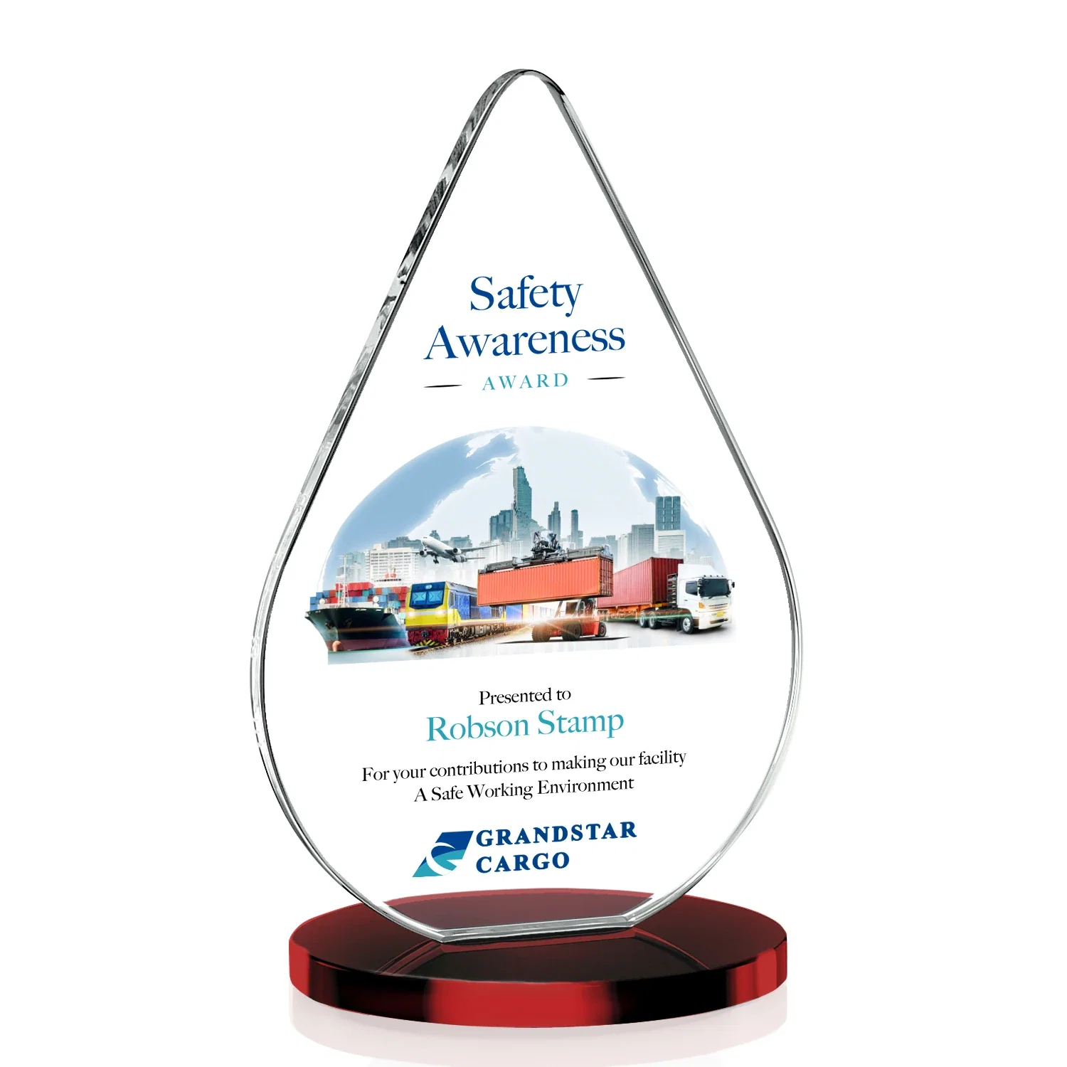Customized Starfire Crystal Droplet Award on Rosewood-Toned Round Base for service anniversary gifts