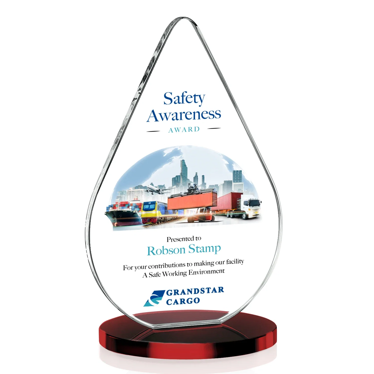 Customized Starfire Crystal Droplet Award on Rosewood-Toned Round Base for sales achievement awards