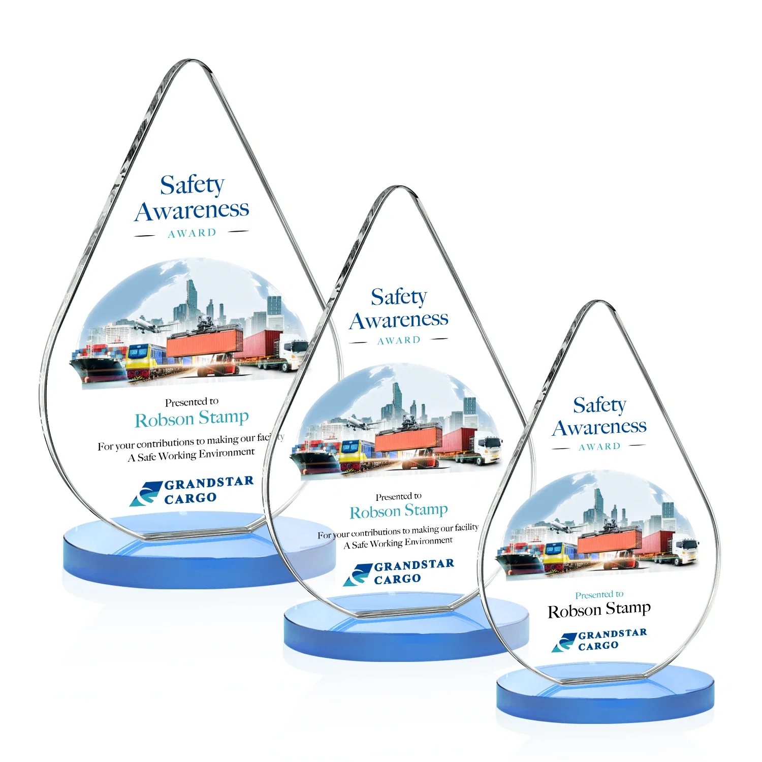 Customized Starfire Crystal Droplet Award on Rosewood-Toned Round Base for retirement presentations