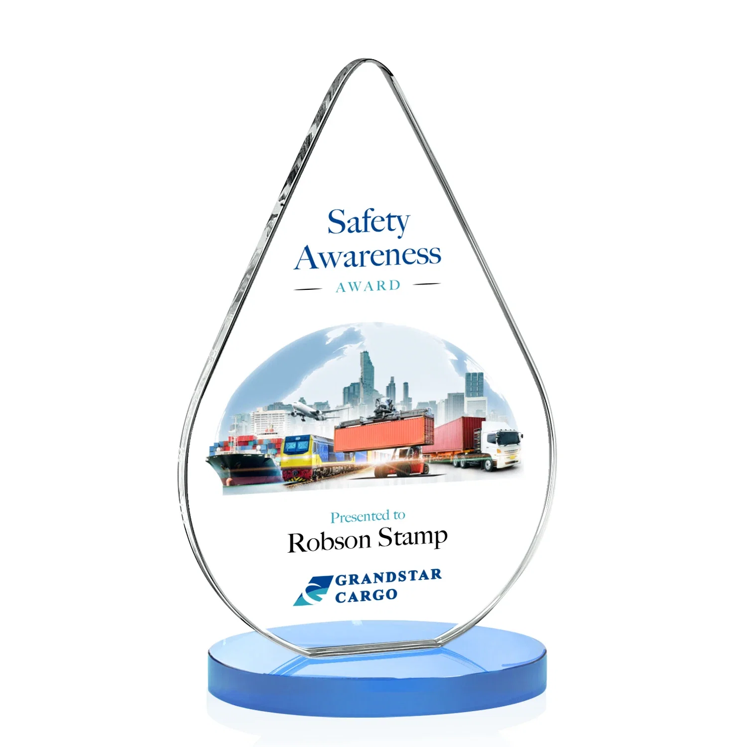 Customized Starfire Crystal Droplet Award on Rosewood-Toned Round Base for team milestone celebrations