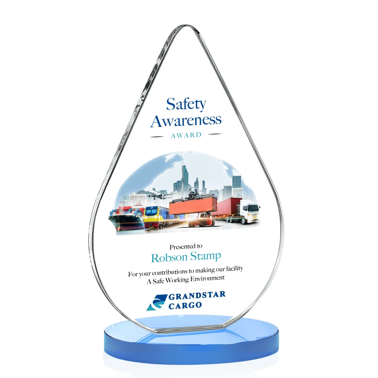 Customized Starfire Crystal Droplet Award on Rosewood-Toned Round Base for donor appreciation