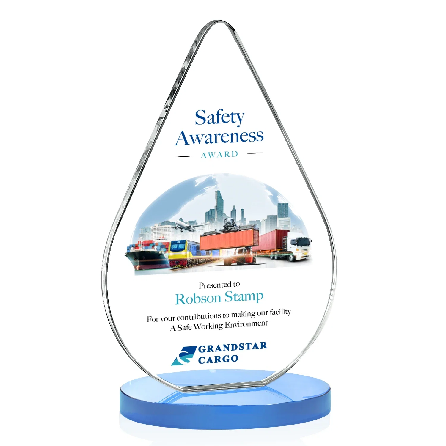 Customized Starfire Crystal Droplet Award on Rosewood-Toned Round Base for graduation ceremonies