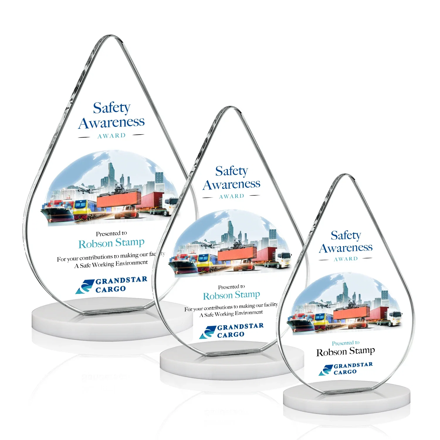 Customized Starfire Crystal Droplet Award on Rosewood-Toned Round Base for safety achievement programs
