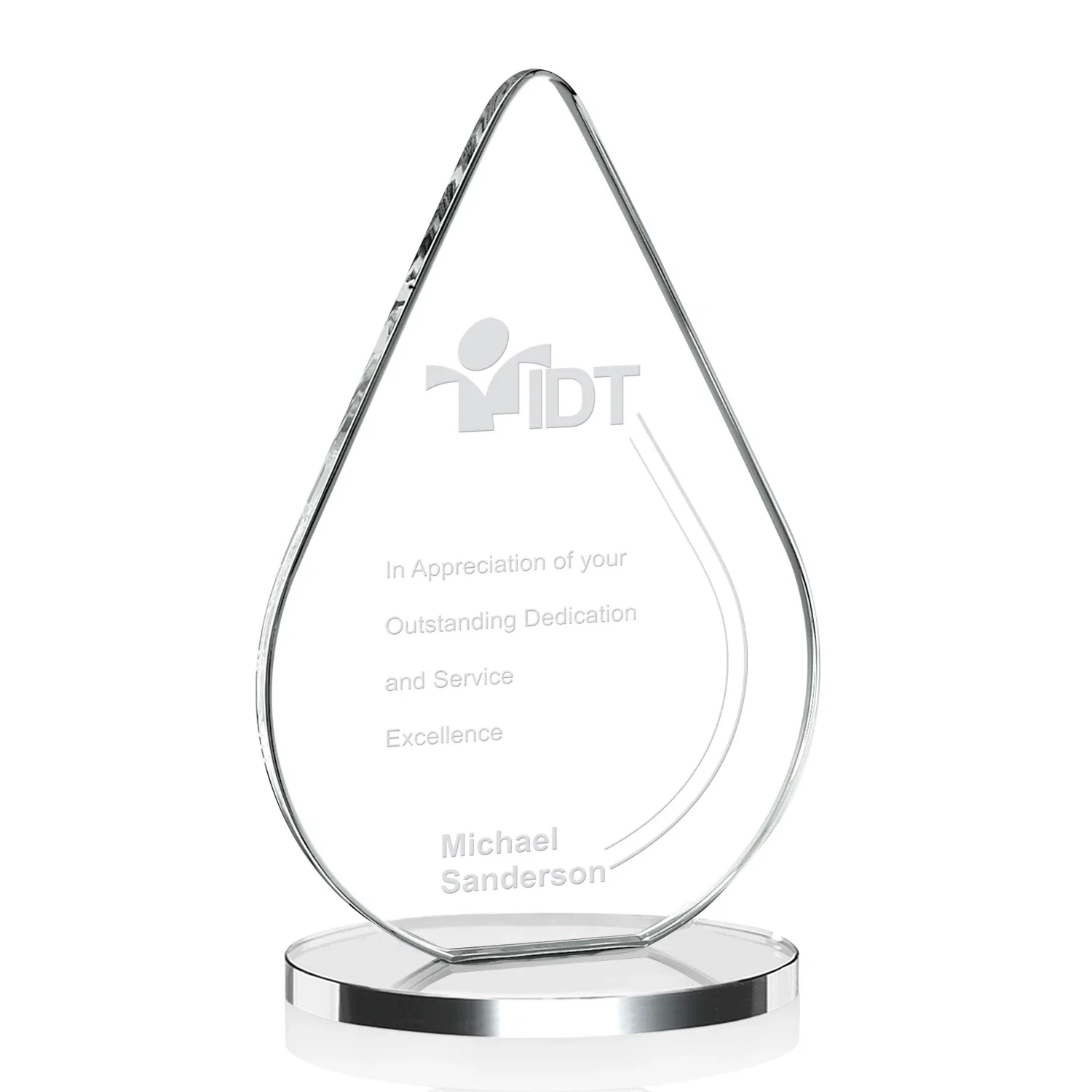 Custom Starfire Crystal Droplet Award on Rosewood-Toned Round Base for donor appreciation