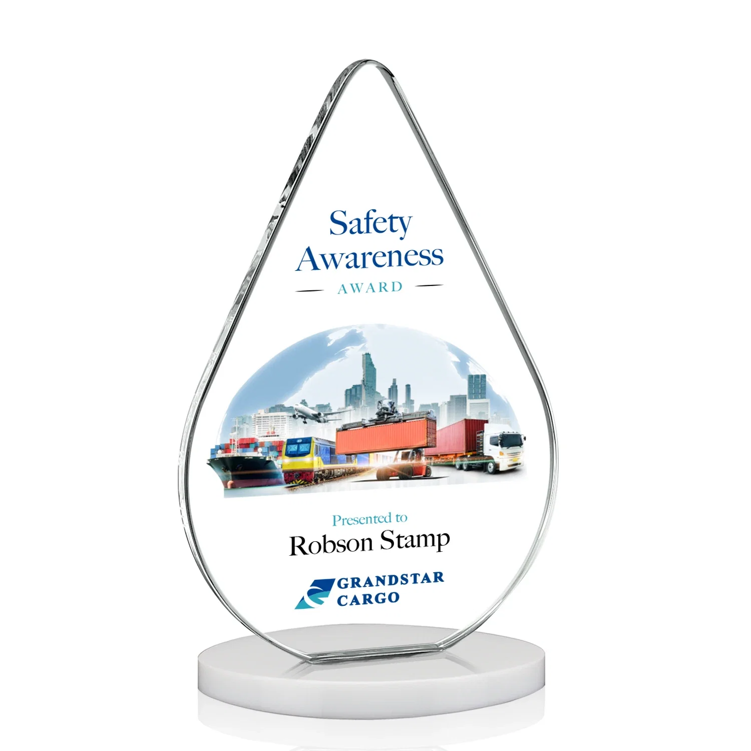 Customized Starfire Crystal Droplet Award on Rosewood-Toned Round Base for volunteer appreciation