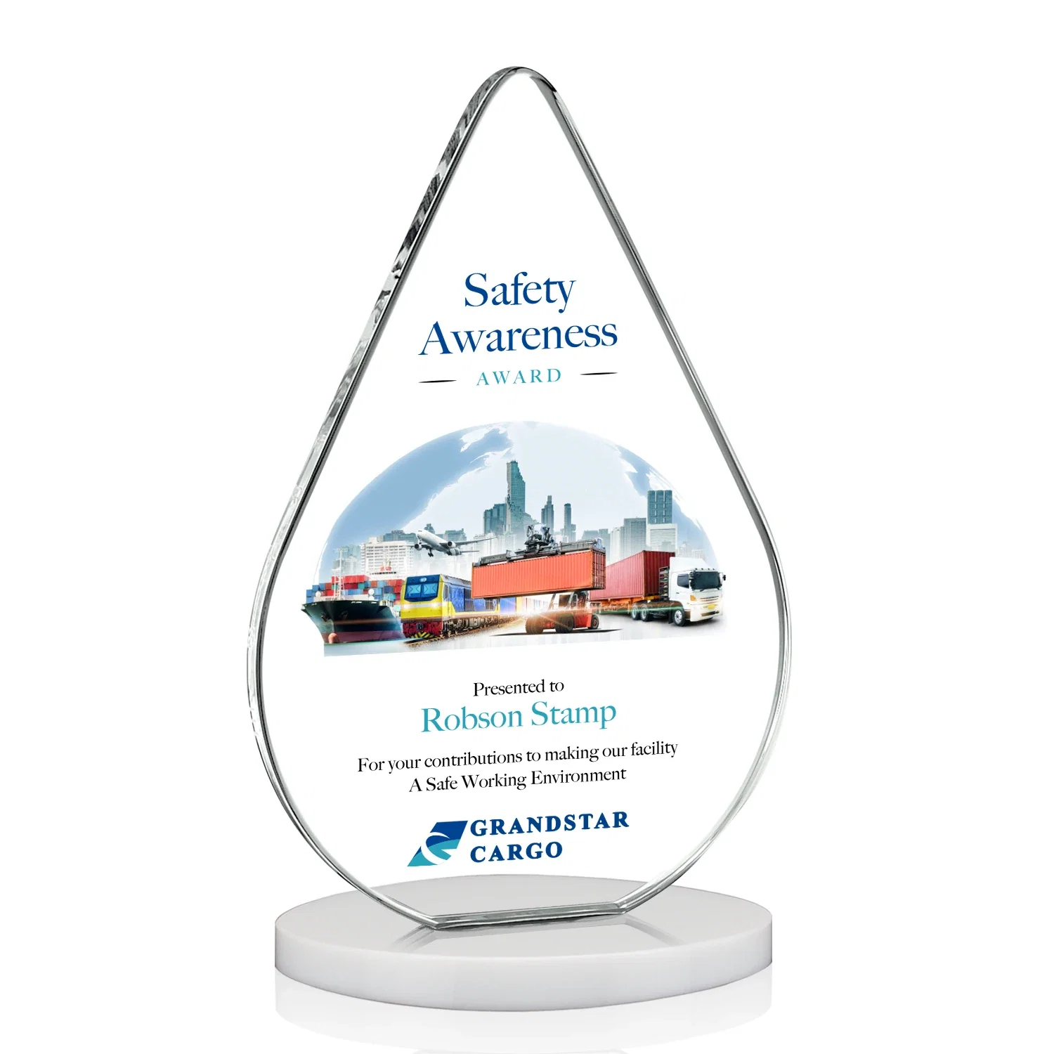 Customized Starfire Crystal Droplet Award on Rosewood-Toned Round Base for dealer and partner awards