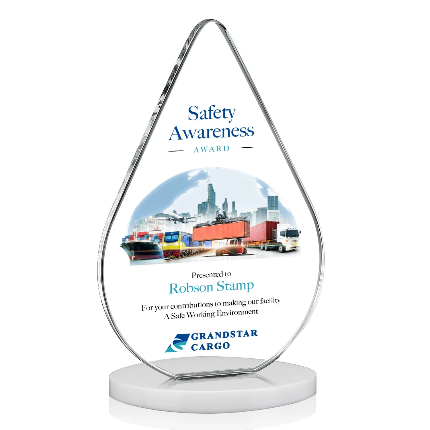Customized Starfire Crystal Droplet Award on Rosewood-Toned Round Base for company anniversary events