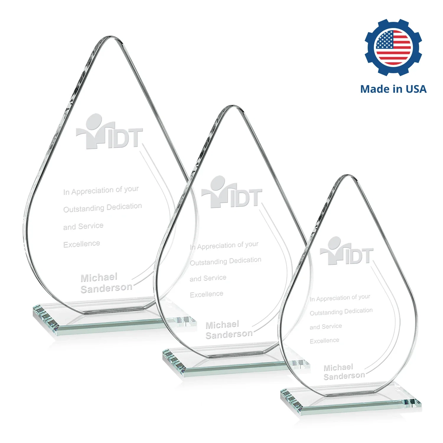 Custom engraved Starfire Crystal Droplet Award on Rosewood-Toned Round Base for employee recognition