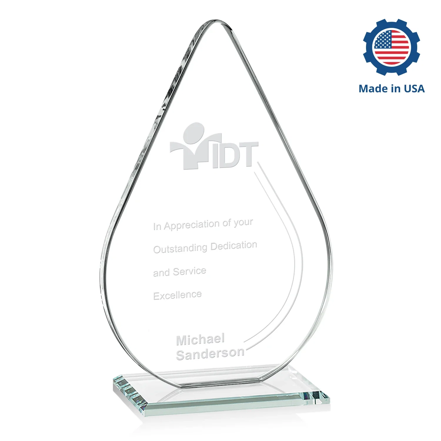 Custom engraved Starfire Crystal Droplet Award on Rosewood-Toned Round Base for sales achievement awards
