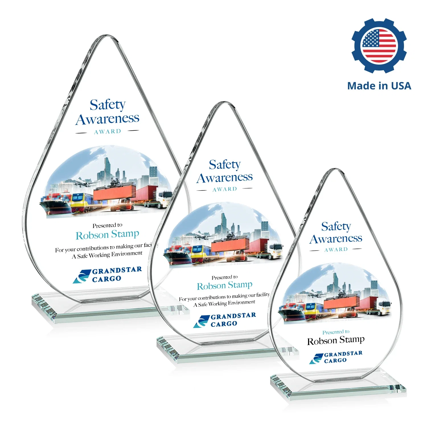 Custom engraved Starfire Crystal Droplet Award on Rosewood-Toned Round Base for retirement presentations